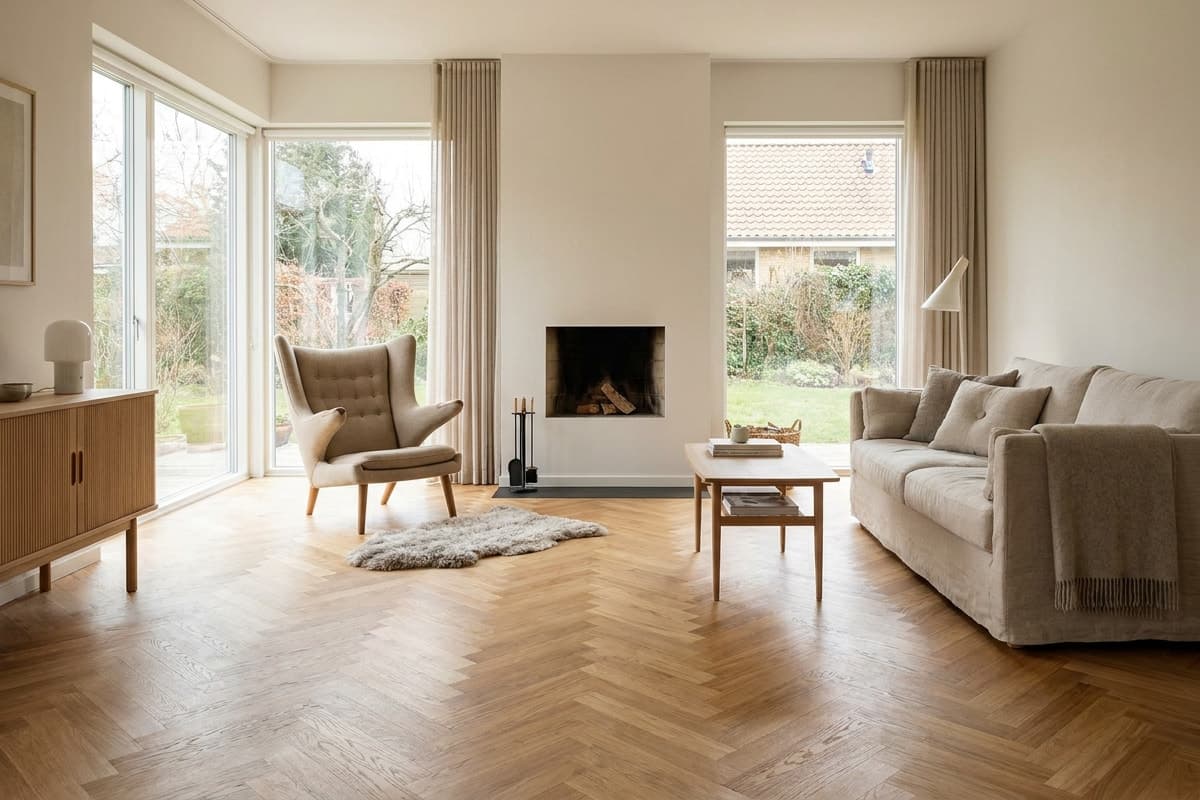 Living room with oak herringbone parquet and a fireplace in full daylight.